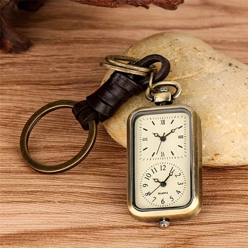 Vintage Bronze Pocket Watch Keychain antique pocket watch quartz square pendant with dual time design