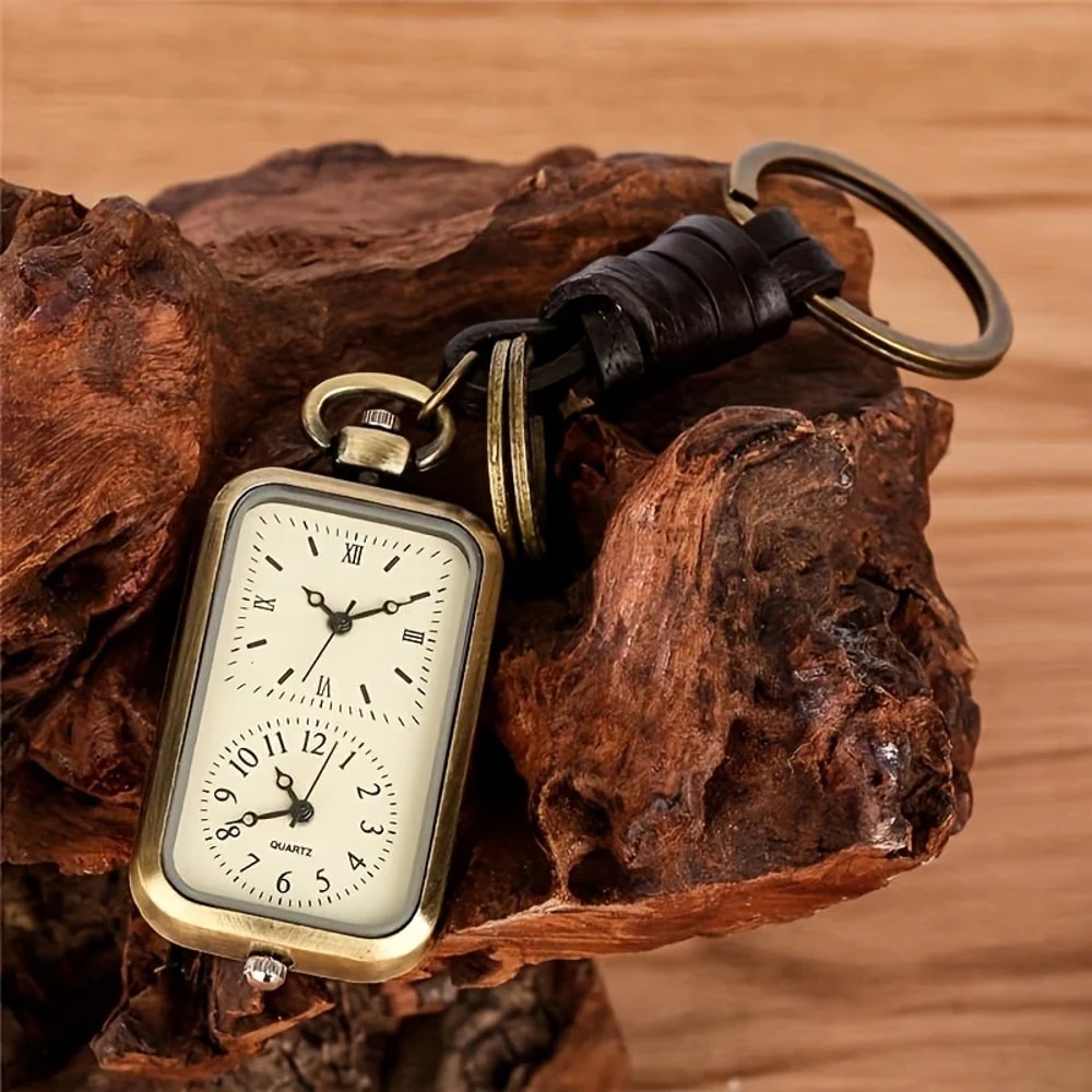 Vintage Bronze Pocket Watch Keychain antique pocket watch quartz square pendant with dual time design