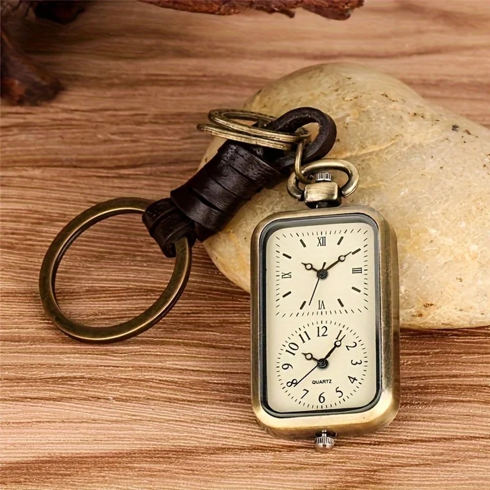 Vintage Bronze Pocket Watch Keychain antique pocket watch quartz square pendant with dual time design