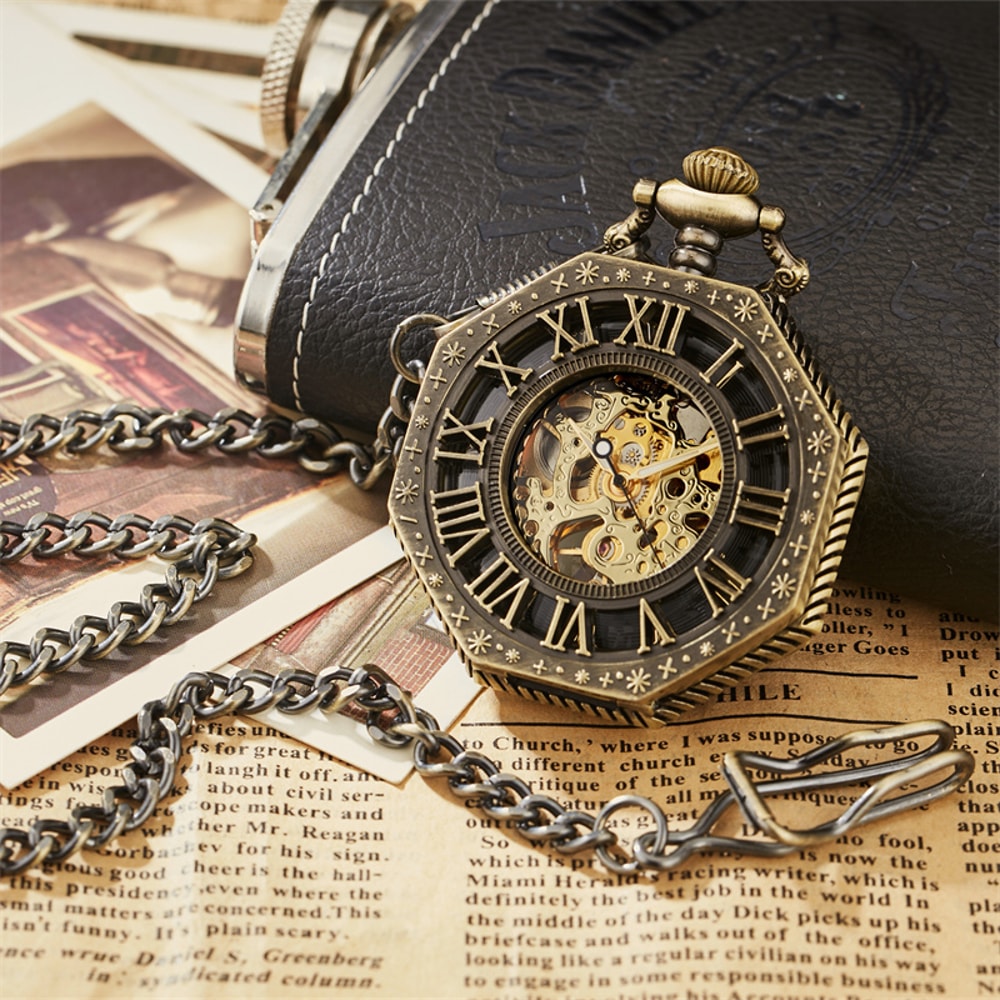 Luxury Mechanical Skeleton Pocket Watch with Chain Vintage Steampunk Roman Dial Gold