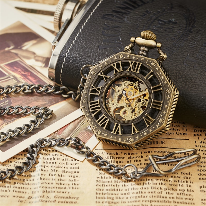Luxury Mechanical Skeleton Pocket Watch with Chain Vintage Steampunk Roman Dial Gold