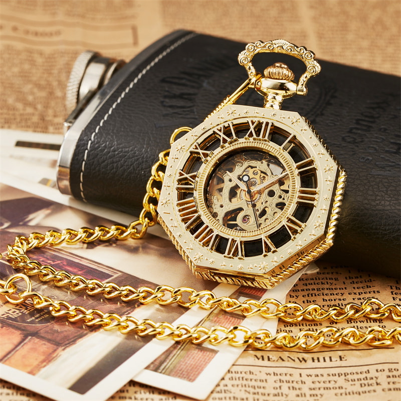 Luxury Mechanical Skeleton Pocket Watch with Chain Vintage Steampunk Roman Dial Gold