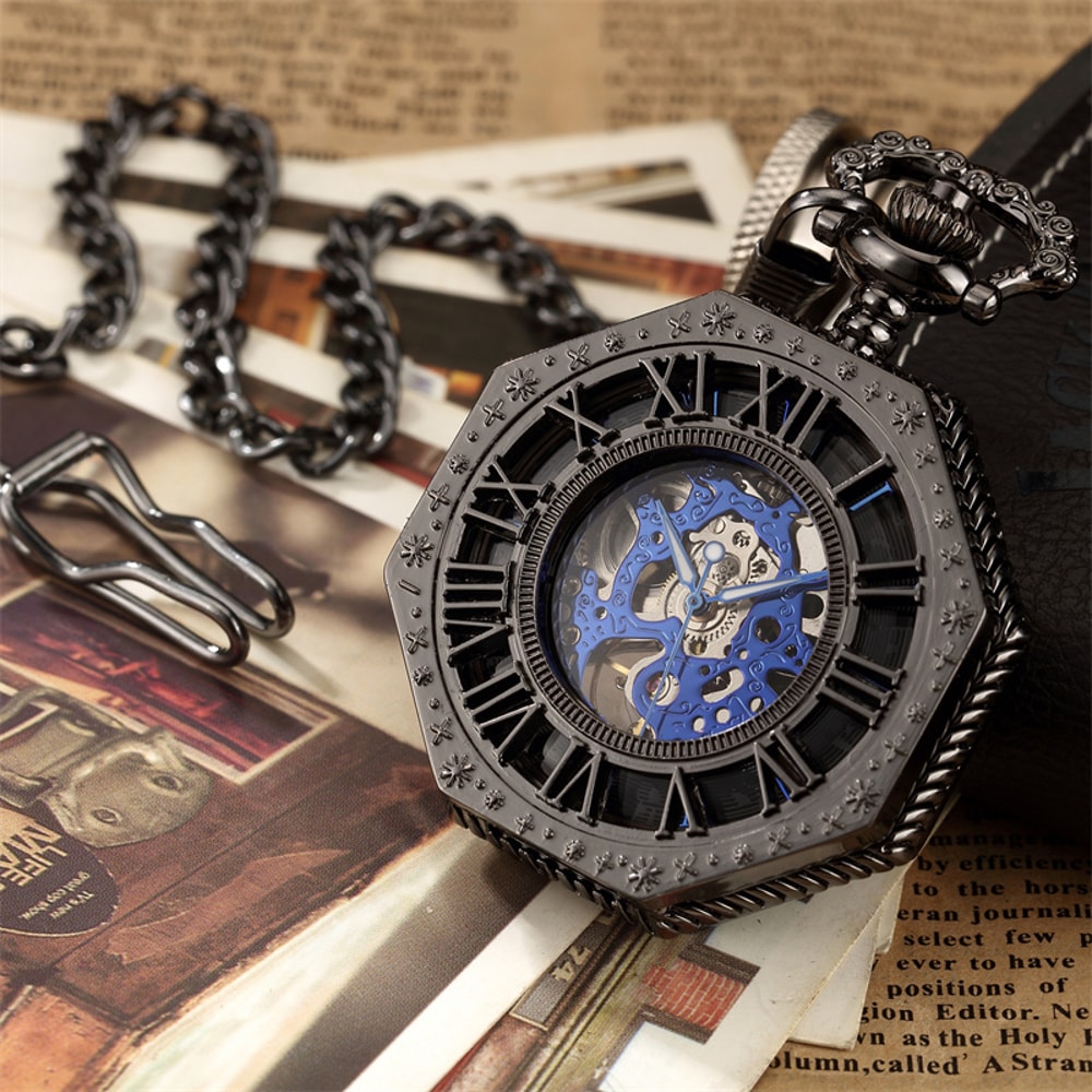 Luxury Mechanical Skeleton Pocket Watch with Chain Vintage Steampunk Roman Dial Gold