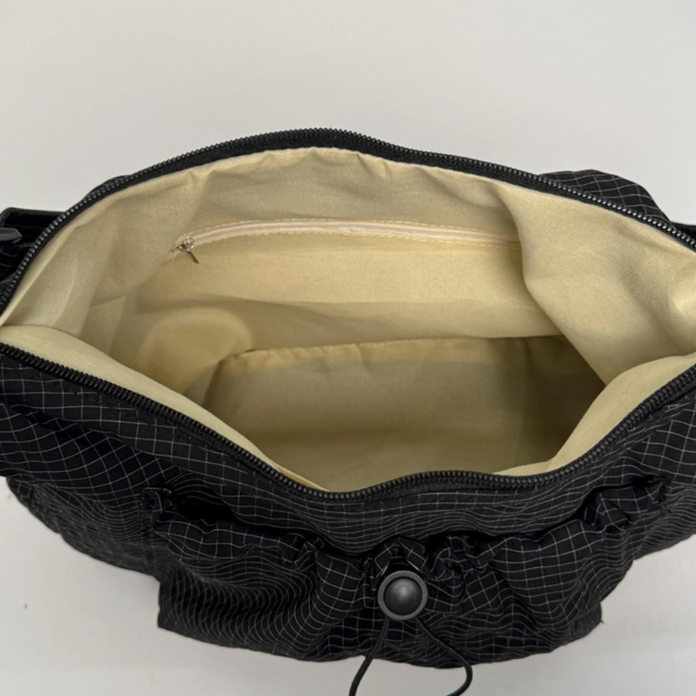 Trendy Checkered Nylon Crossbody Bag With Drawstring Large Capacity Shoulder Tote 4
