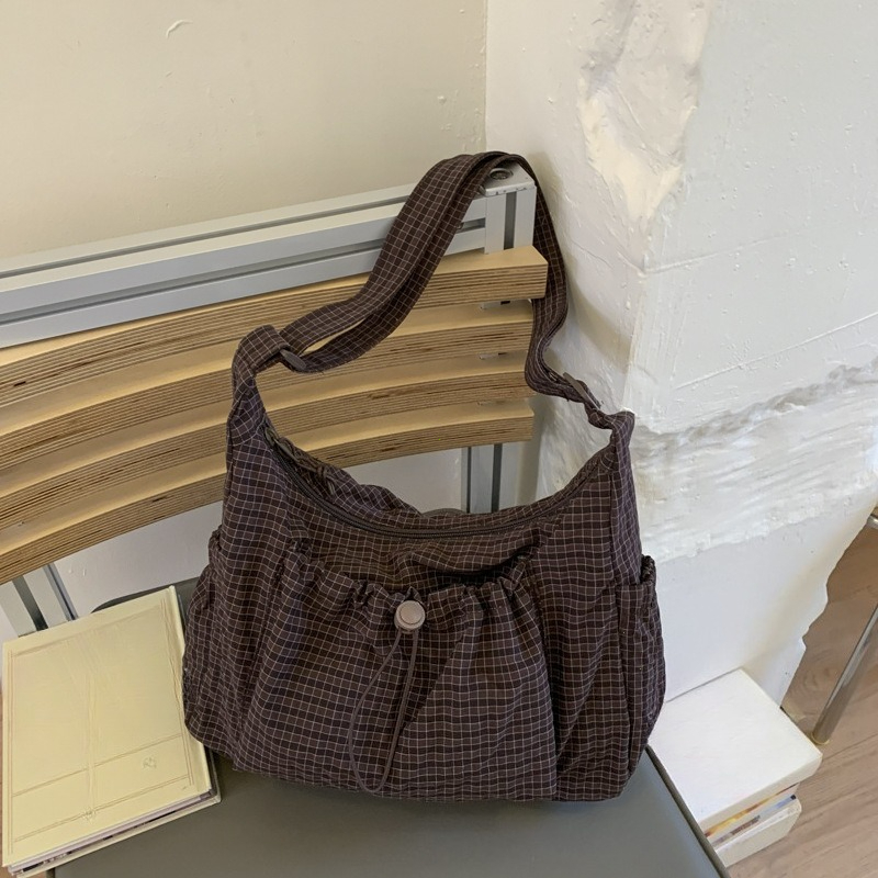 Trendy Checkered Nylon Crossbody Bag With Drawstring Large Capacity Shoulder Tote 6