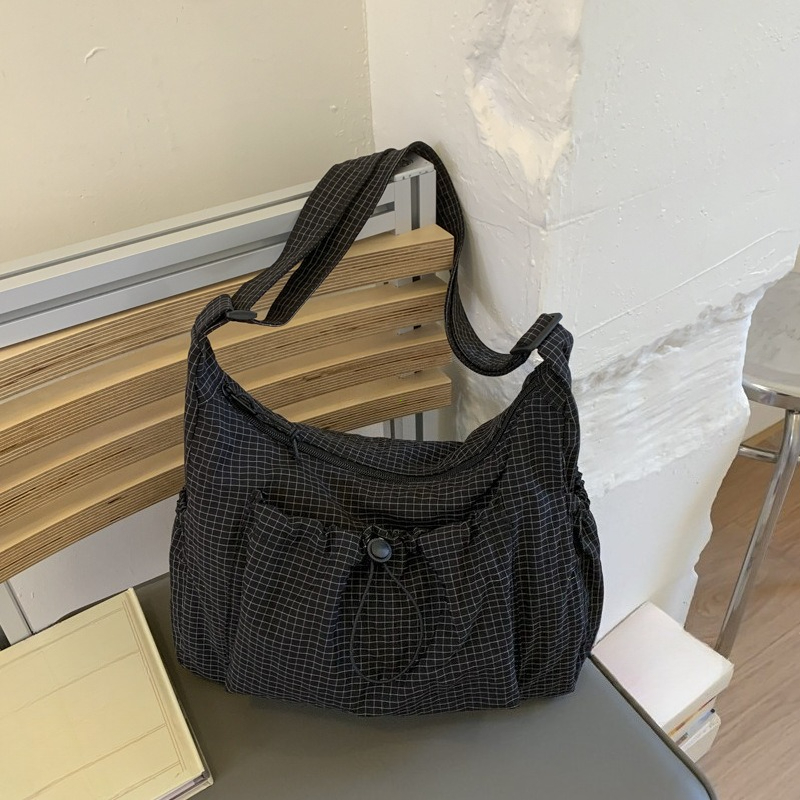 Trendy Checkered Nylon Crossbody Bag With Drawstring Large Capacity Shoulder Tote 7