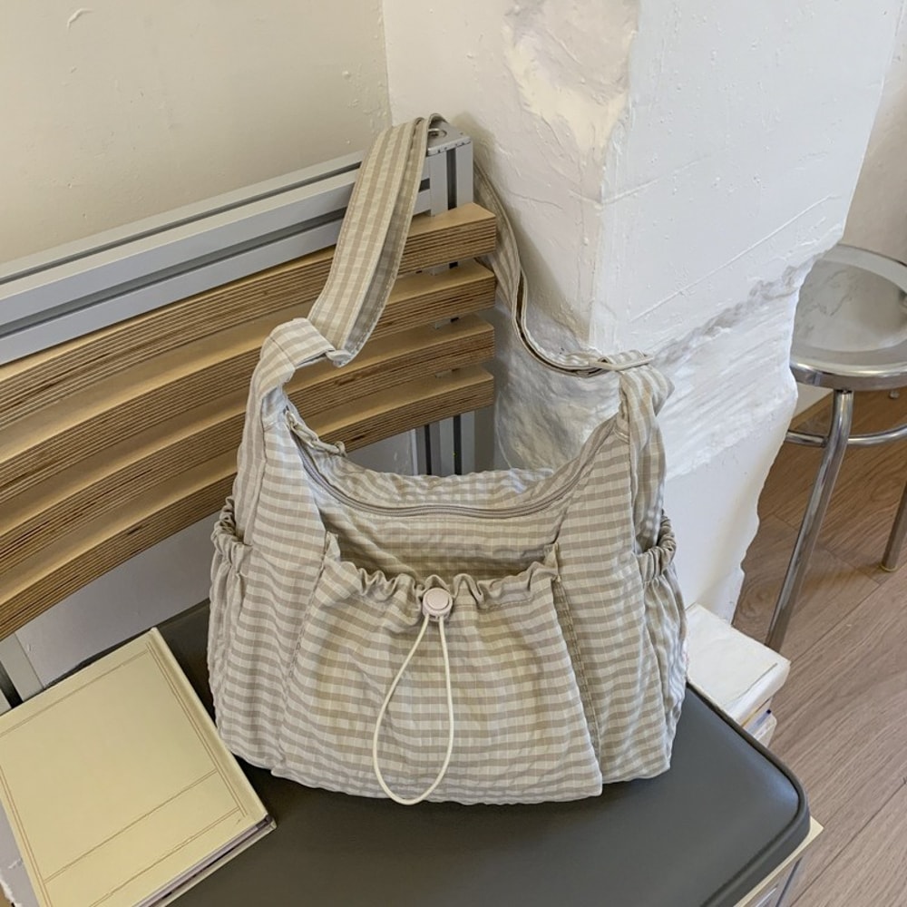 Trendy Checkered Nylon Crossbody Bag With Drawstring Large Capacity Shoulder Tote 8