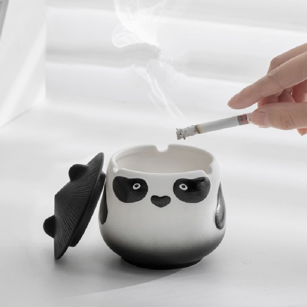Cute Panda Ceramic Ashtray With Lid Windproof Smokeless Home Decor 3