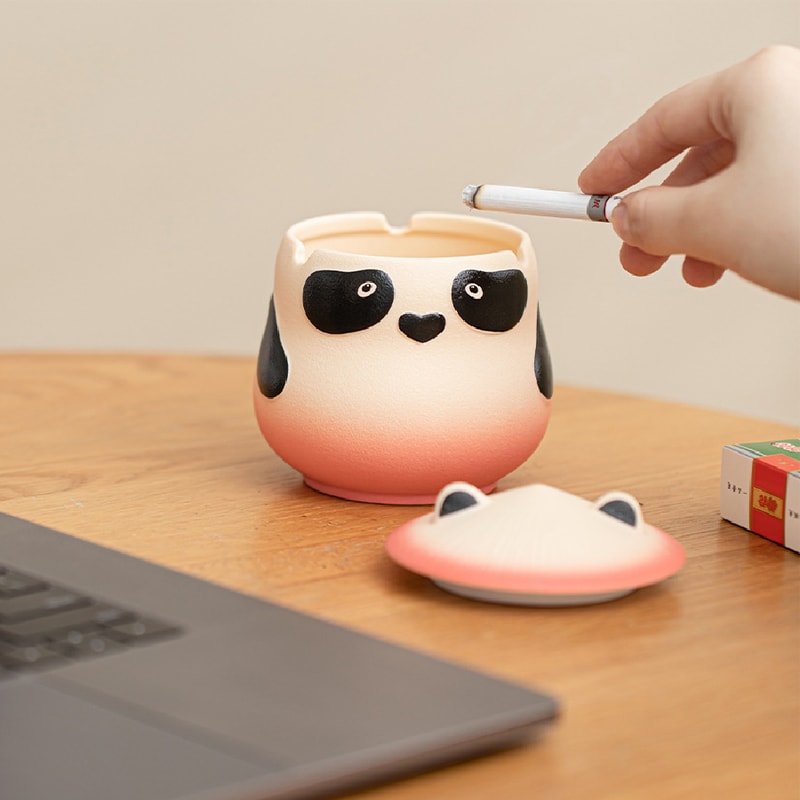 Cute Panda Ceramic Ashtray With Lid Windproof Smokeless Home Decor 5