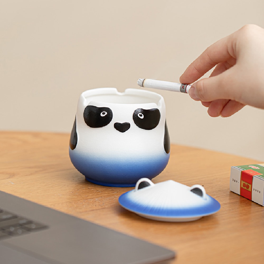 Cute Panda Ceramic Ashtray With Lid Windproof Smokeless Home Decor 6