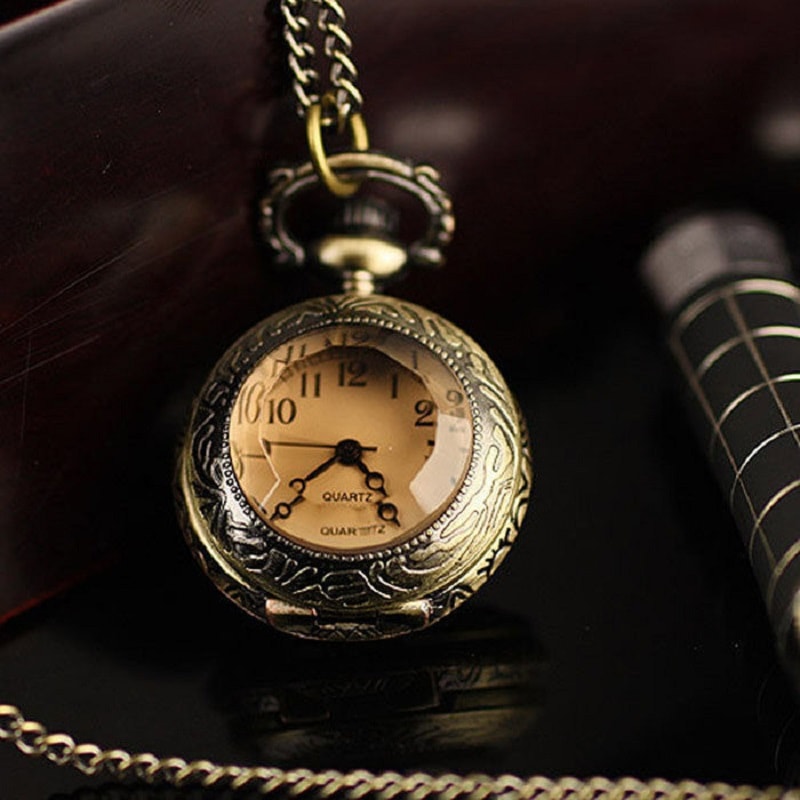 Vintage Glass Dome Pocket Watch Necklace Pendant for Women Retro Chain Clock Jewelry