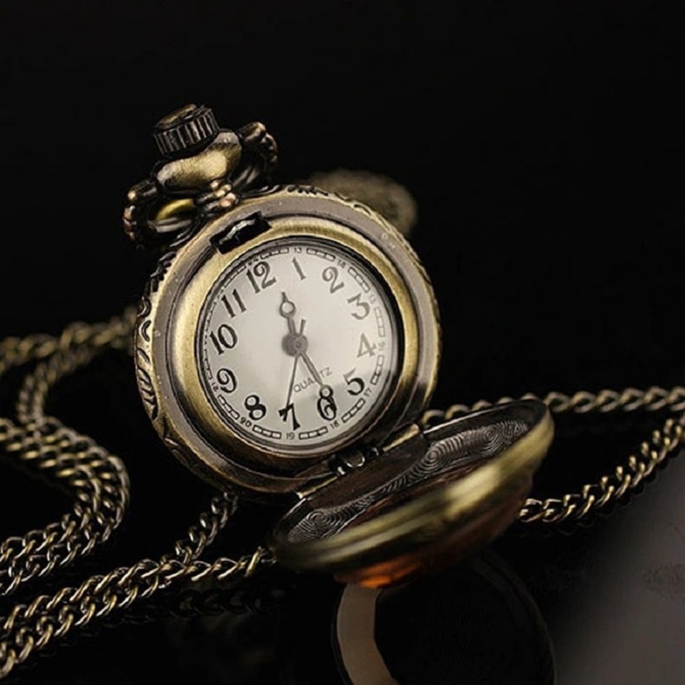 Vintage Glass Dome Pocket Watch Necklace Pendant for Women Retro Chain Clock Jewelry