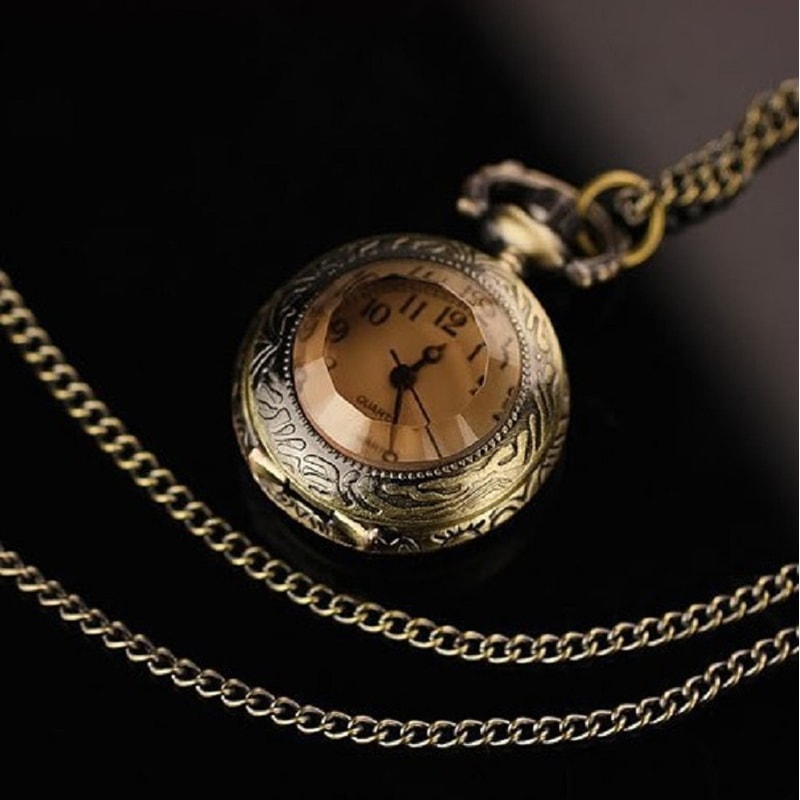 Vintage Glass Dome Pocket Watch Necklace Pendant for Women Retro Chain Clock Jewelry