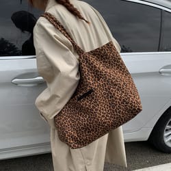 retro leopard canvas tote bag large capacity double-sided shoulder shopper