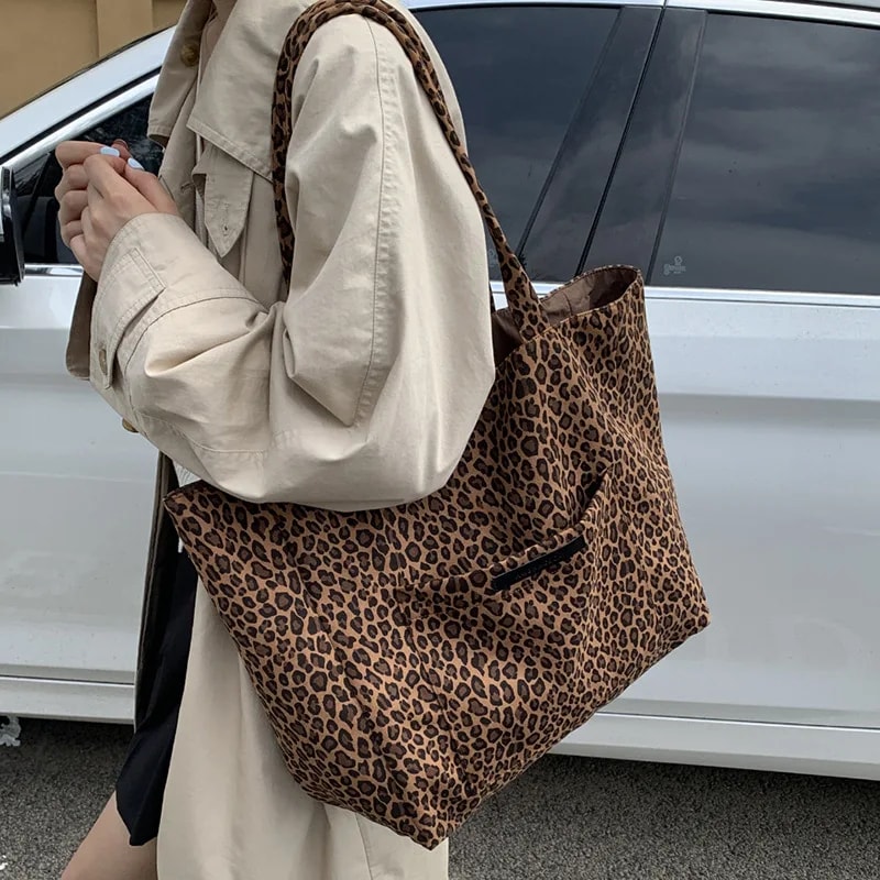 Retro Leopard Canvas Tote Bag Large Capacity DoubleSided Shoulder Shopper 5