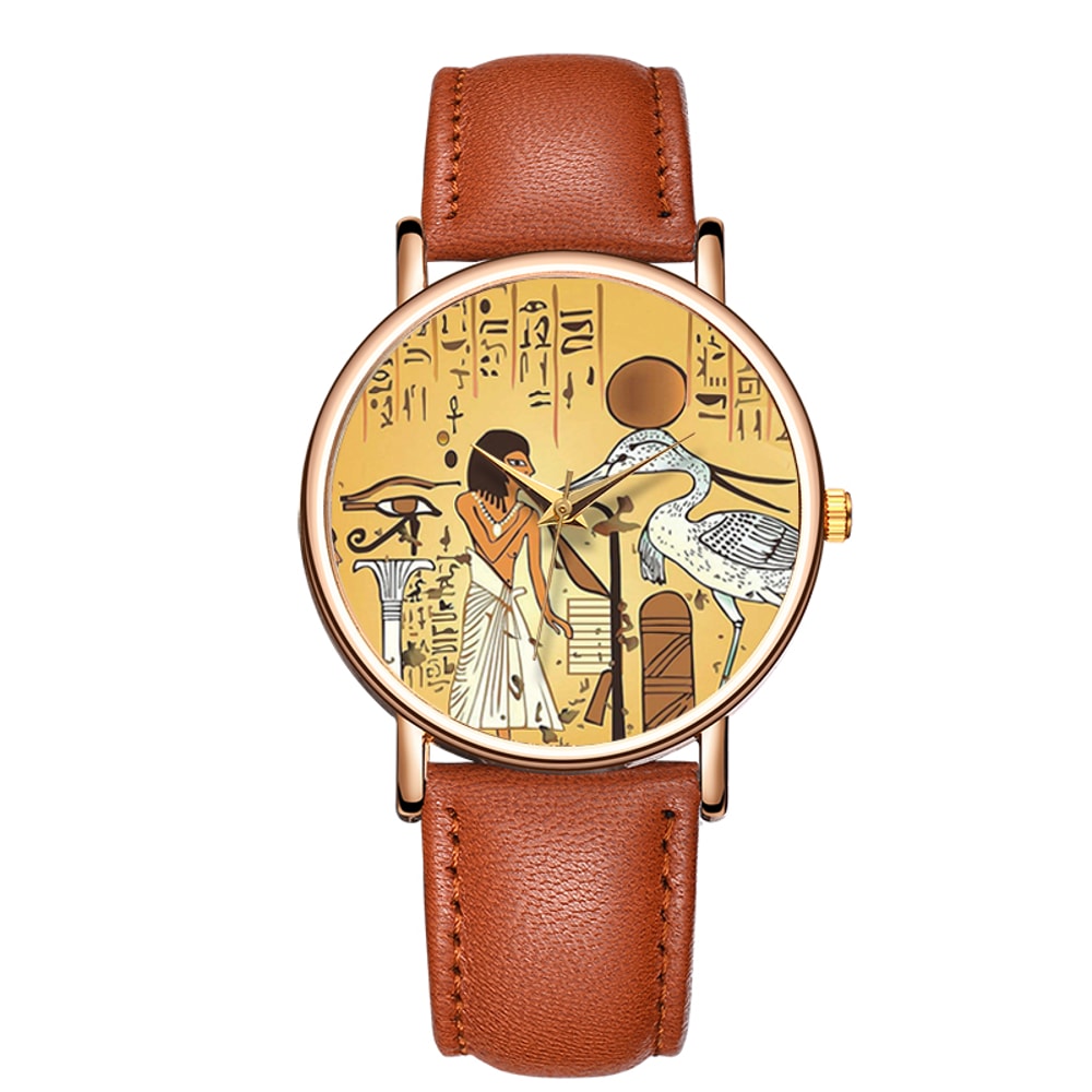 Vintage Egyptian Art Leather Watch for Women Waterproof Fashion Wristwatch
