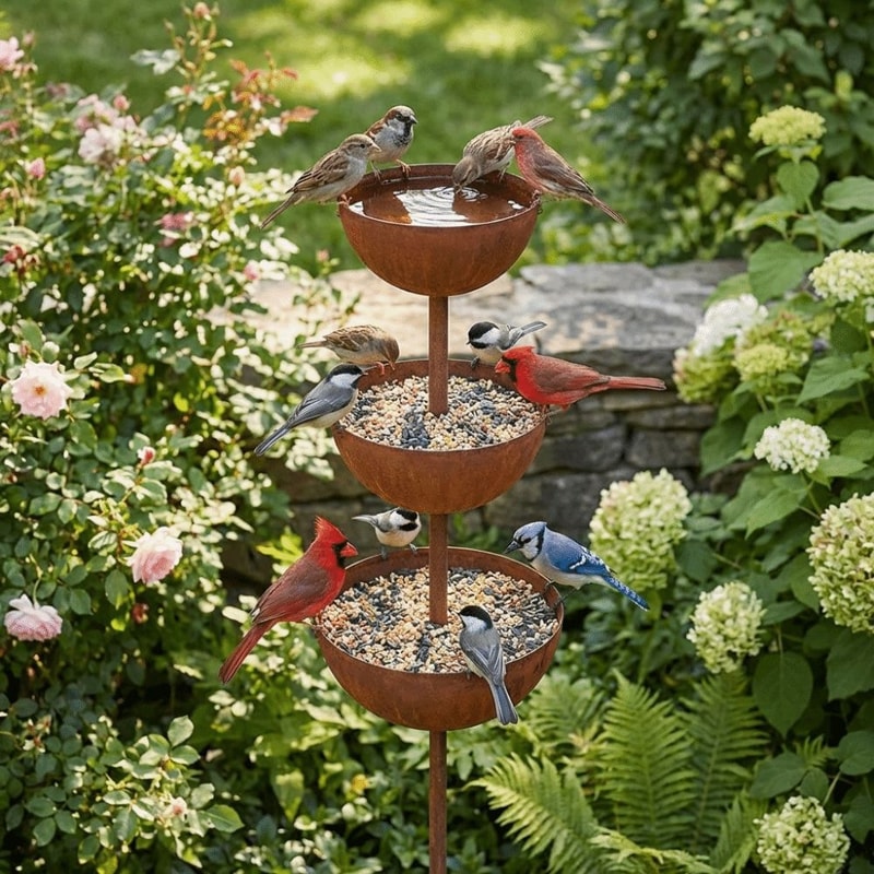 Vintage Iron Bird Bath Garden Stake Rain Catcher Decor 0