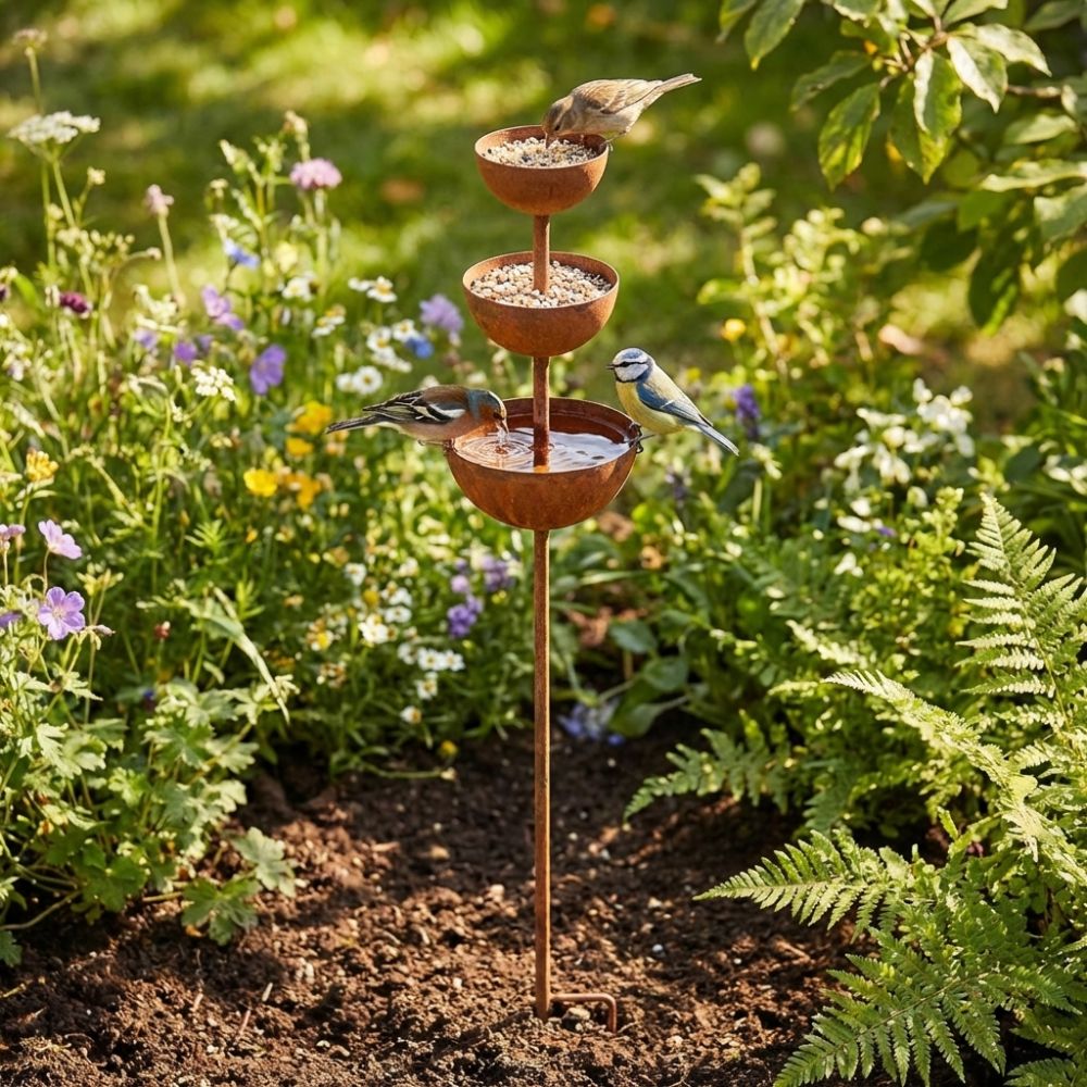 Vintage Iron Bird Bath Garden Stake Rain Catcher Decor 3