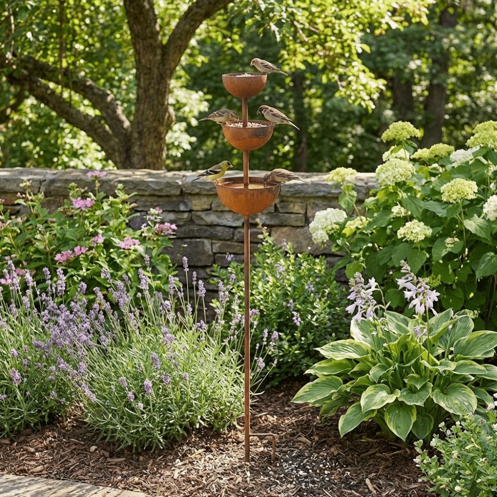 Vintage Iron Bird Bath Garden Stake Rain Catcher Decor 4