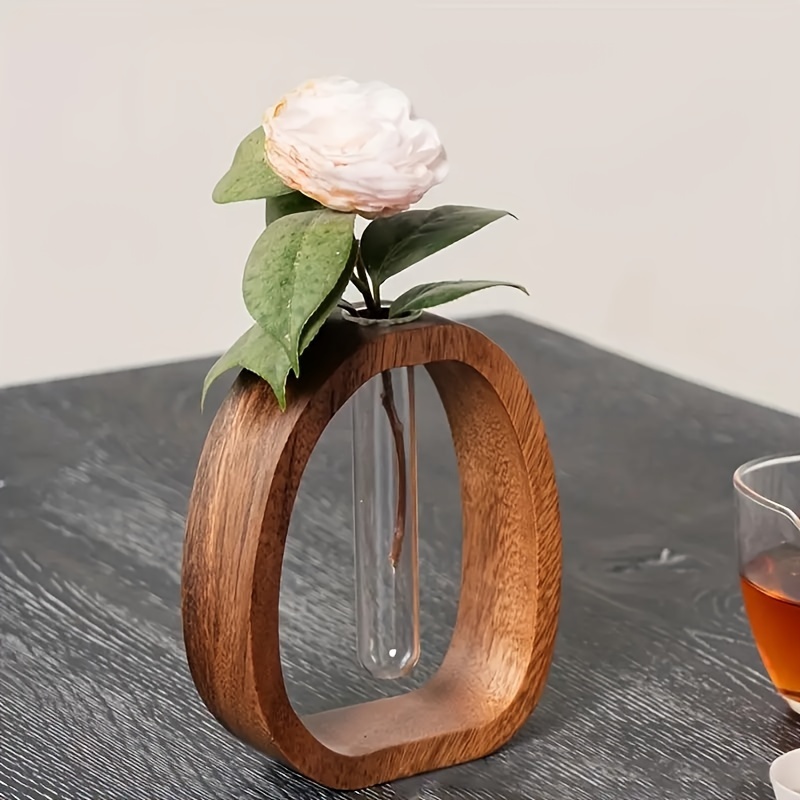 Walnut Wood Hydroponic Vase With Glass Tube Minimalist Plant Propagation Vase Decor 1