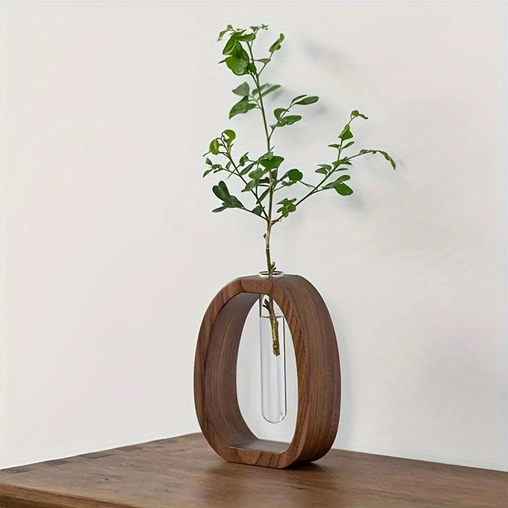 Walnut Wood Hydroponic Vase With Glass Tube Minimalist Plant Propagation Vase Decor 3