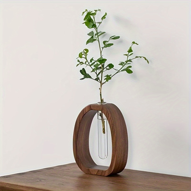 Walnut Wood Hydroponic Vase With Glass Tube Minimalist Plant Propagation Vase Decor 3