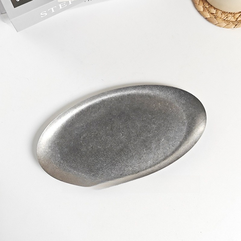 Retro Stainless Steel Serving Tray Oval Sushi Snack Plate Industrial Style Tableware 0