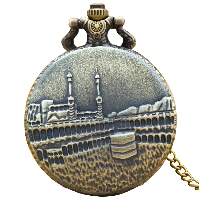 Vintage Bronze Clamshell Simple CastleStyle Carved Necklace Quartz Pocket Watch Gift For Male And F 6