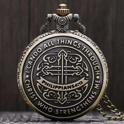 vintage christian pocket watch necklace with bible verse engraving and quartz movement