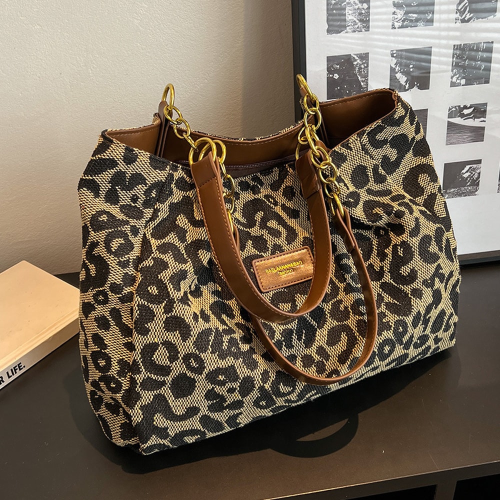 Retro Leopard Print Shoulder Bag Large Capacity Tote For Everyday Style 0