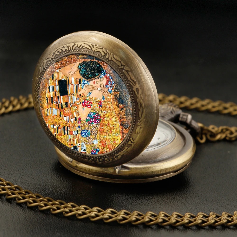 Klimt The Kiss Pocket Watch Necklace Vintage Quartz Pendant Jewelry Gift 1