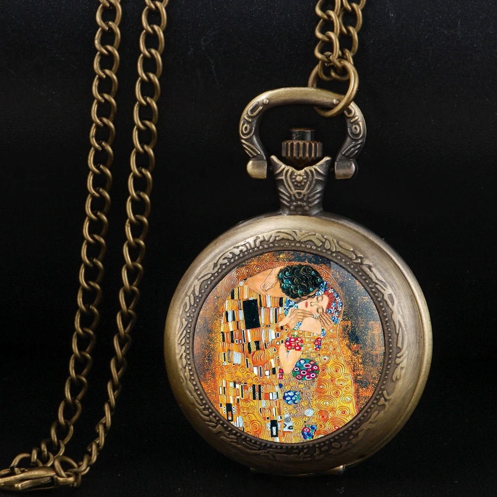 Klimt The Kiss Pocket Watch Necklace Vintage Quartz Pendant Jewelry Gift 0