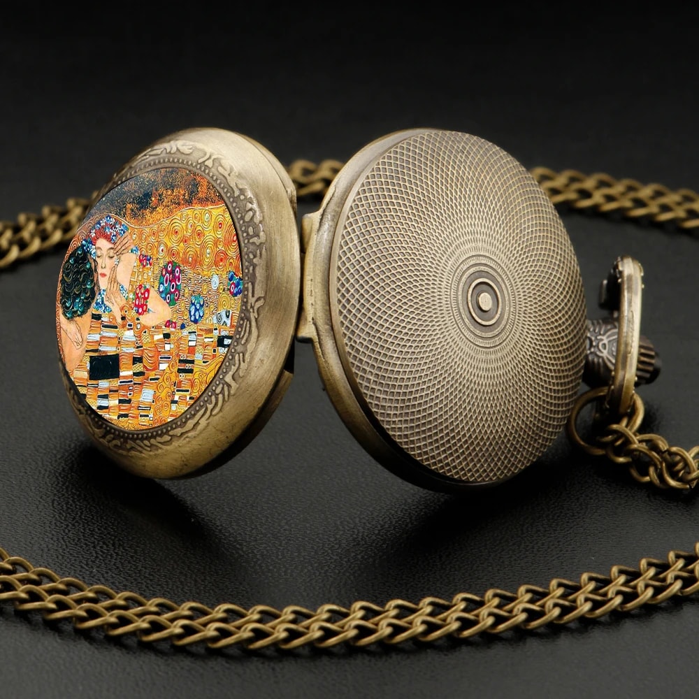 Klimt The Kiss Pocket Watch Necklace Vintage Quartz Pendant Jewelry Gift 3