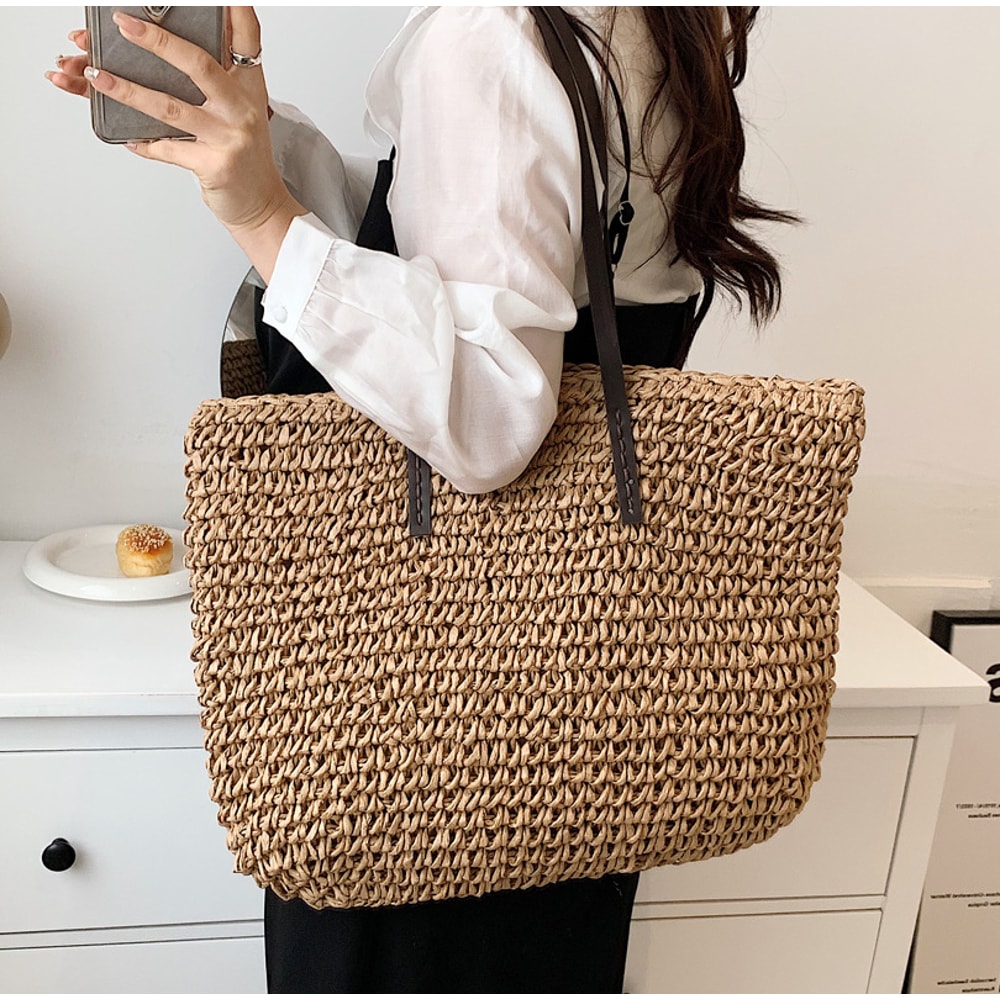 Boho Straw Beach Bag Large Capacity Woven Rattan Handbag for Summer Travel