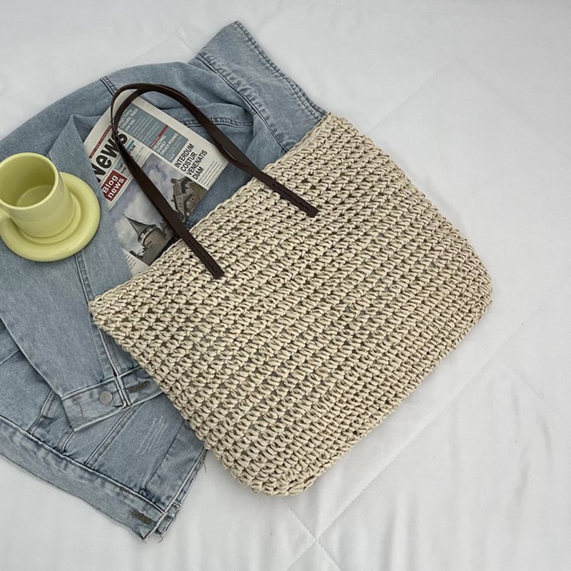 Boho Straw Beach Bag Large Capacity Woven Rattan Handbag for Summer Travel
