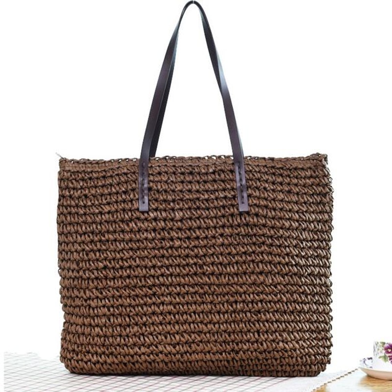 Boho Straw Beach Bag Large Capacity Woven Rattan Handbag for Summer Travel
