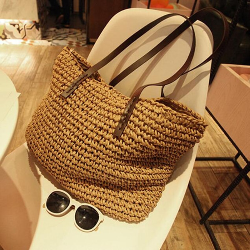 Boho Straw Beach Bag Large Capacity Woven Rattan Handbag for Summer Travel