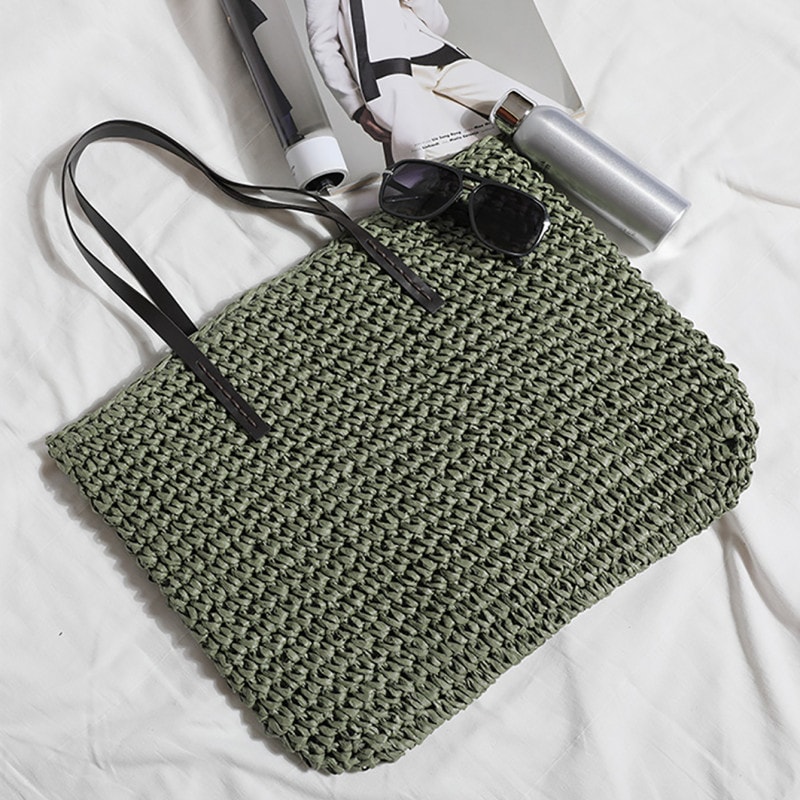 Boho Straw Beach Bag Large Capacity Woven Rattan Handbag for Summer Travel