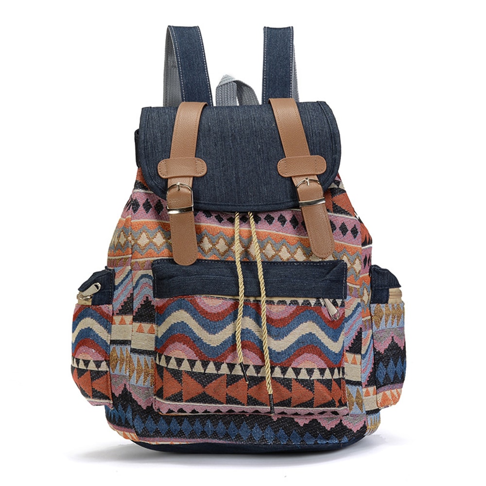 Canvas Printed Backpack for Women Teen Girls Boho Travel School Bag Denim Rucksack