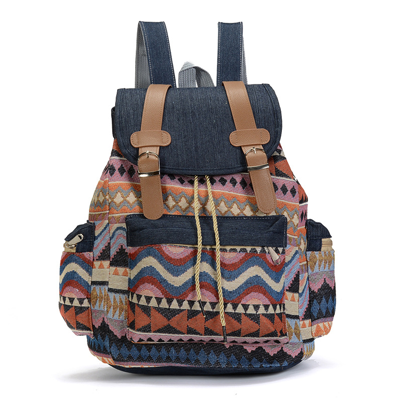 Canvas Printed Backpack for Women Teen Girls Boho Travel School Bag Denim Rucksack
