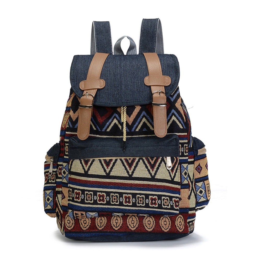 Canvas Printed Backpack for Women Teen Girls Boho Travel School Bag Denim Rucksack