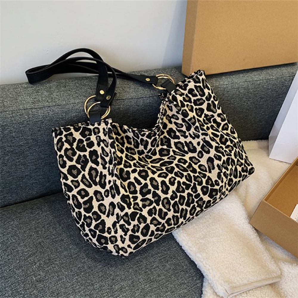 Leopard Print Large Capacity Tote Bag For Women Stylish Shoulder Handbag With Zipper Pocket 5