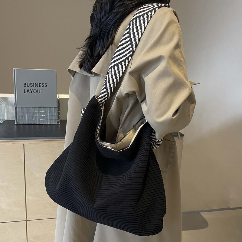 Corduroy Velvet Handbag with Wide Strap Casual Women Shoulder Bag