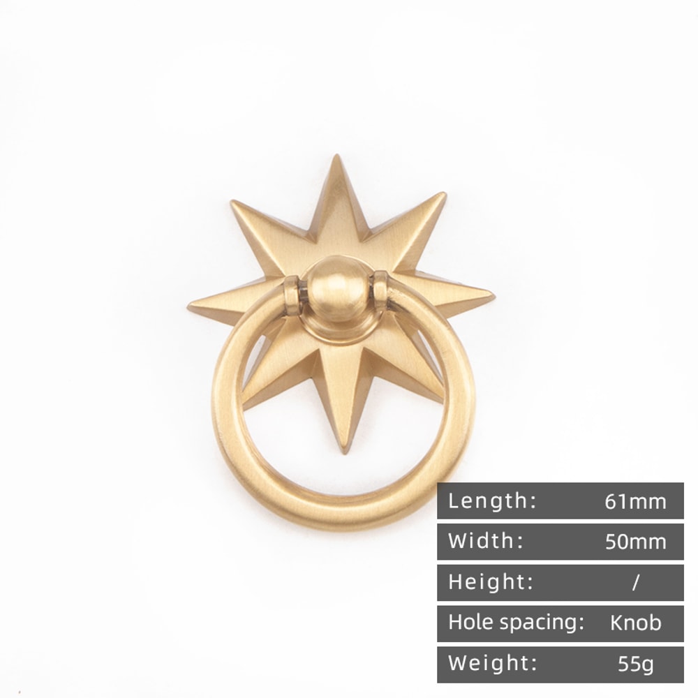 Vintage Star Brass Cabinet Knob Ring Pull Antique Gold Drawer Handle 2