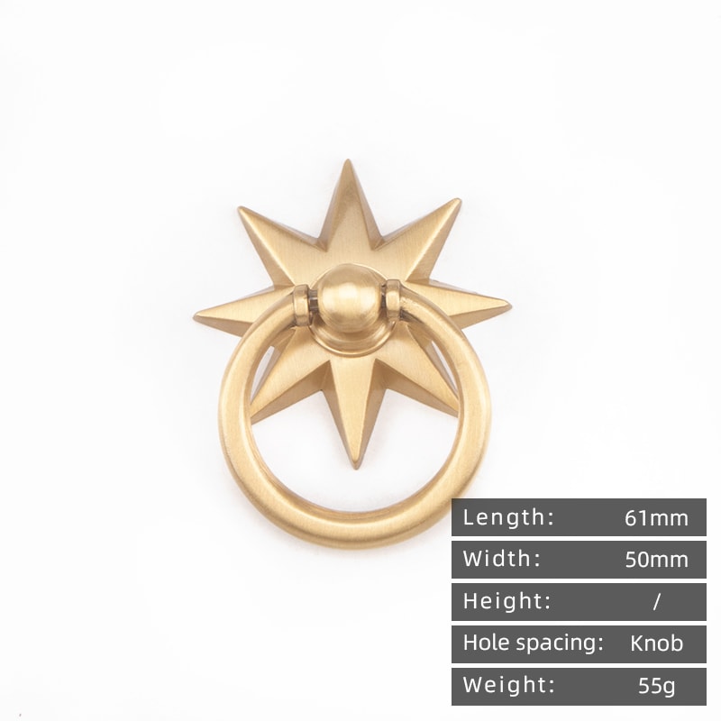 Vintage Star Brass Cabinet Knob Ring Pull Antique Gold Drawer Handle 2