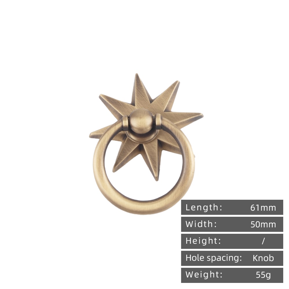 Vintage Star Brass Cabinet Knob Ring Pull Antique Gold Drawer Handle 3