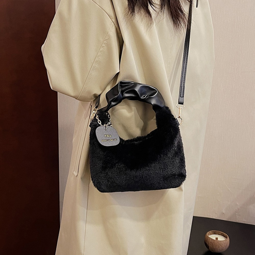 Faux Fur Plush Half Moon Shoulder Bag For Women Soft Crossbody Winter Handbag 1