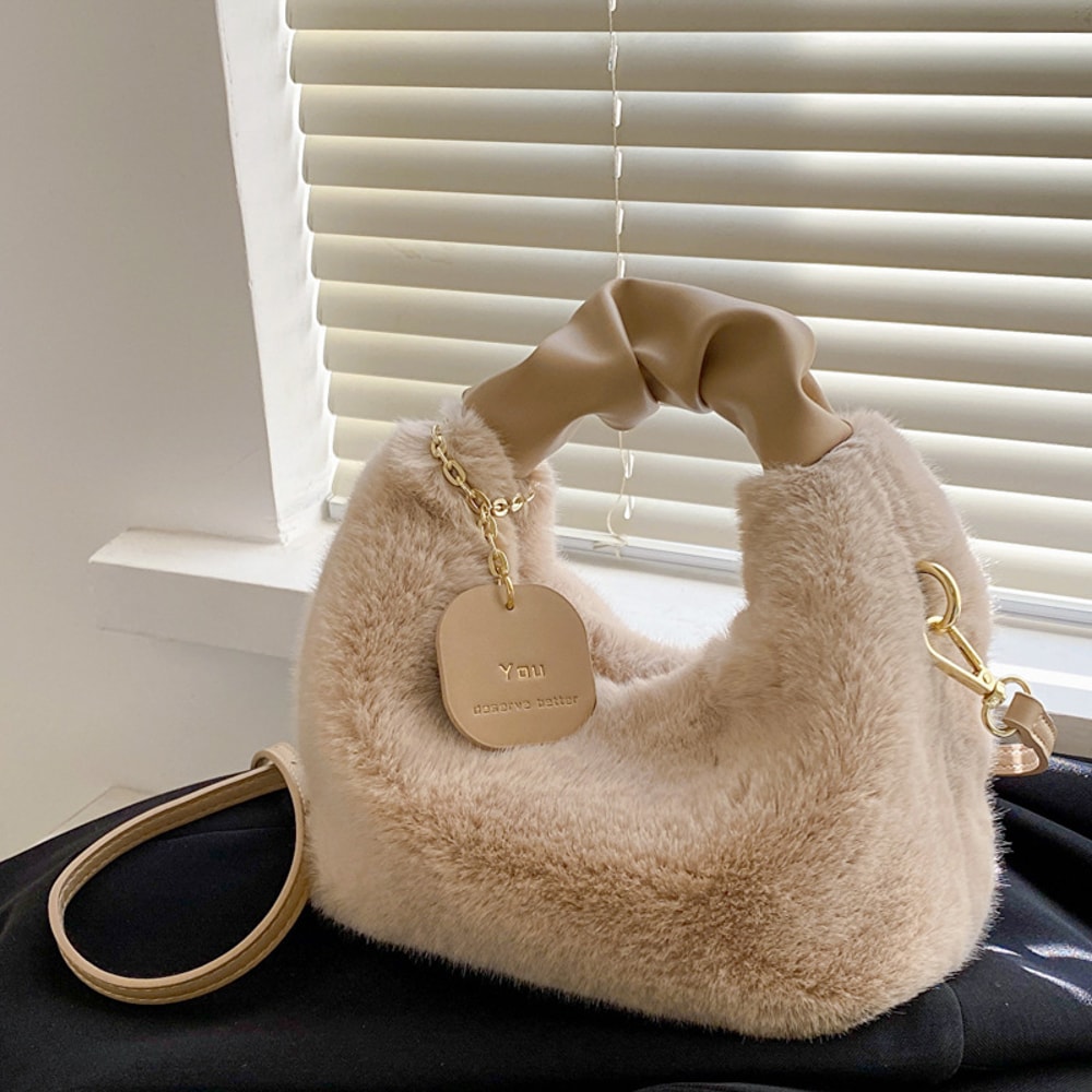 Faux Fur Plush Half Moon Shoulder Bag For Women Soft Crossbody Winter Handbag 5