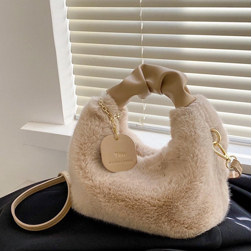 Faux Fur Plush Half Moon Shoulder Bag For Women Soft Crossbody Winter Handbag 5