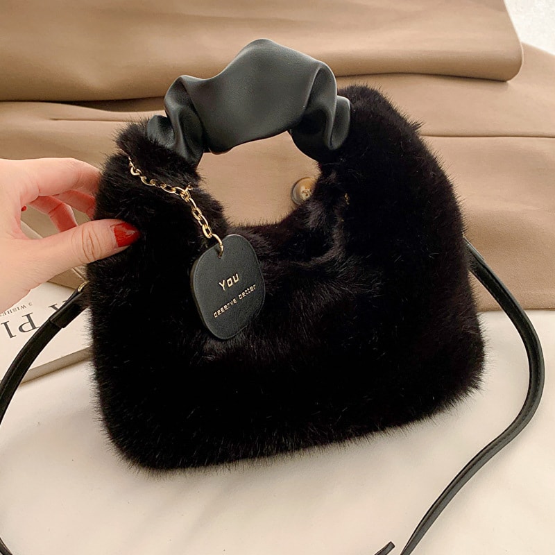 Faux Fur Plush Half Moon Shoulder Bag For Women Soft Crossbody Winter Handbag 6